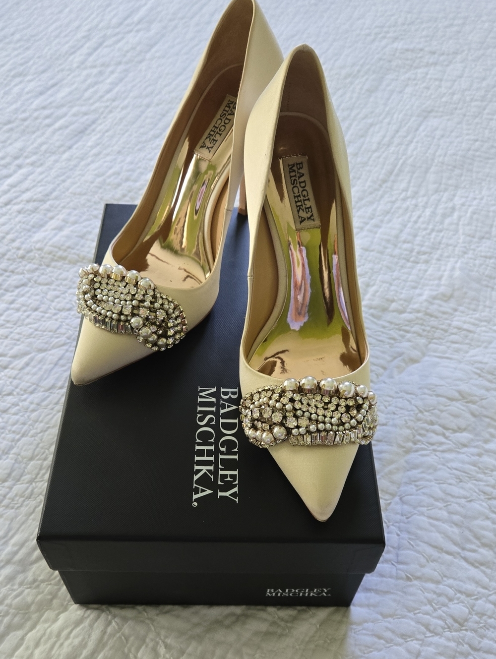Badgley Mischka Pearl & Crystal Embellished Ivory Pointed Pumps